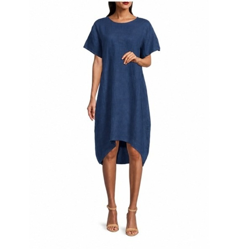 Bryn Walker 100% Linen Short Sleeve Midi Dress Blue Made in USA Lagenlook